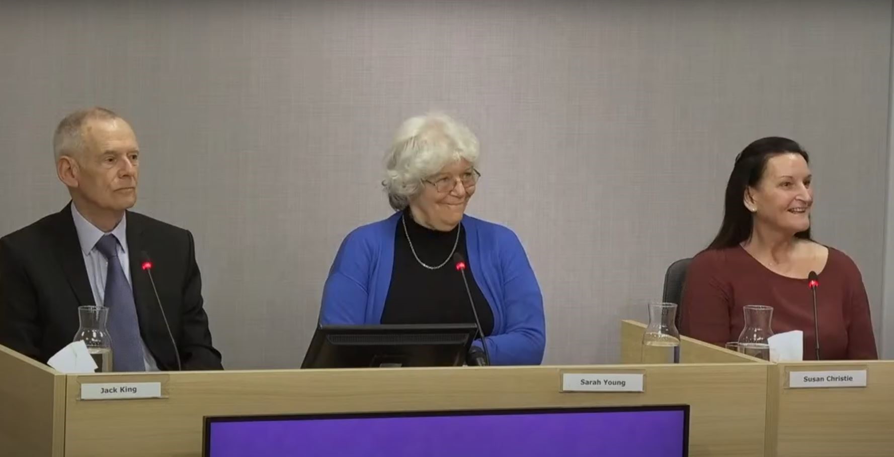 Jack King, Sarah Young and Susan Christie at the hearing